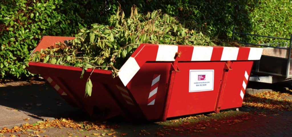 red striped roll off dumpster holding yard debris
