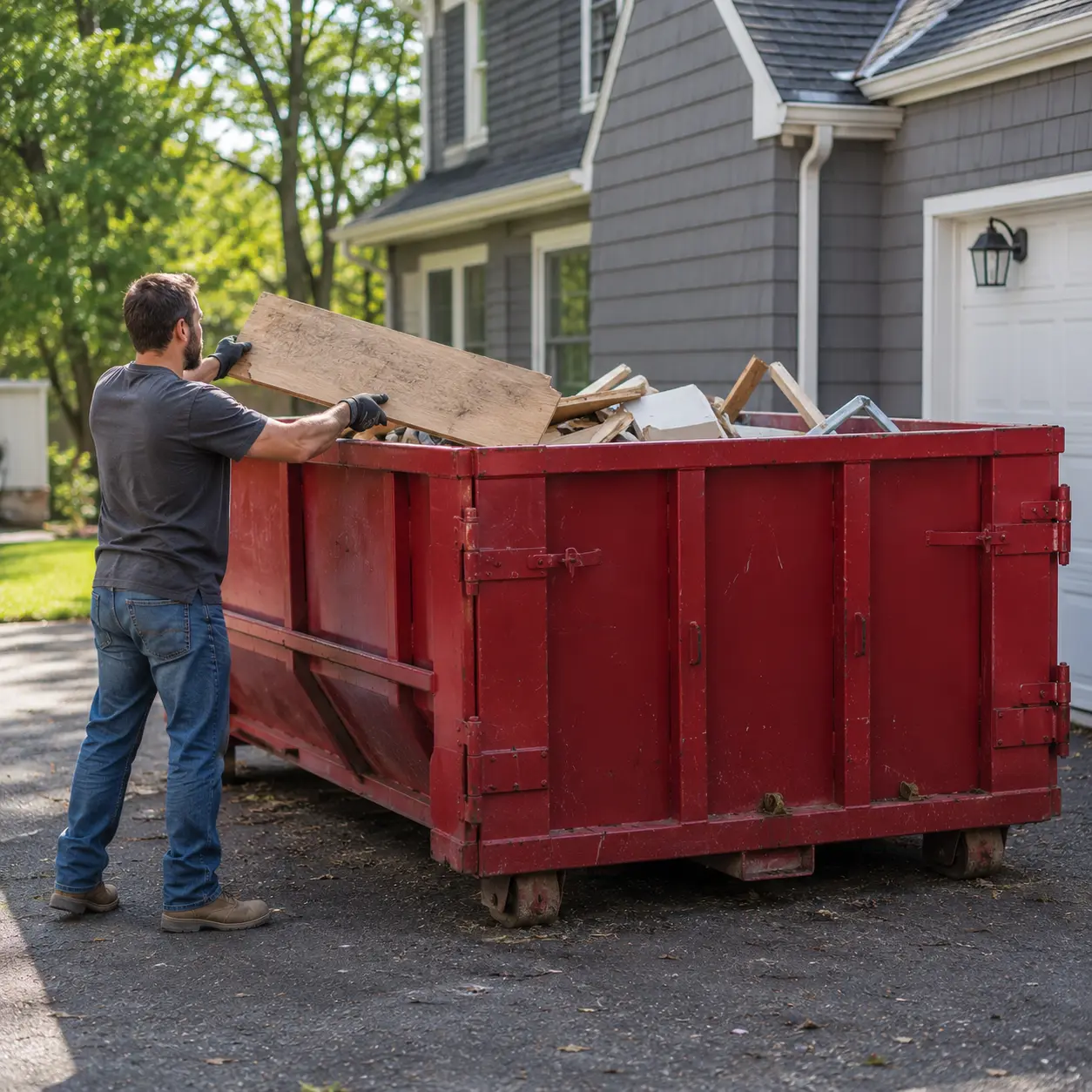 Roll-off dumpster on a residential driveway